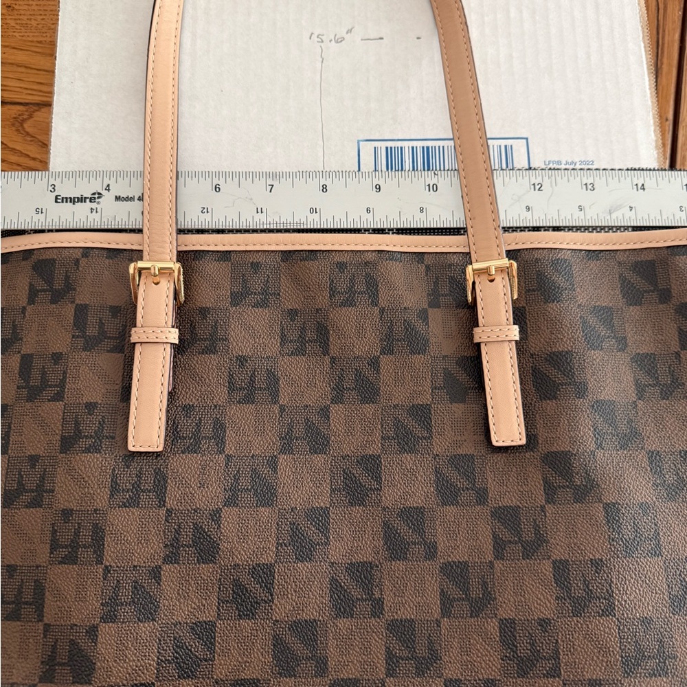 MICHAEL Michael Kors Jet Set travel tote in a brown checkered monogram pattern. - Picture 10 of 10